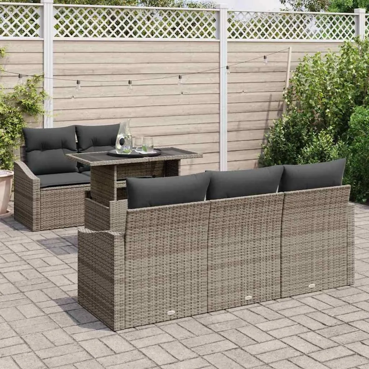 Graues 6-tlg. vidaXL Garten-Sofa-Set aus Poly Rattan mit Tisch und Auflagen.