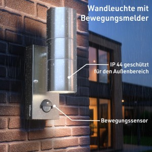 Oktaplex Chile Außenwandleuchte Edelstahl silber mit Bewegungsmelder an Ziegelwand. Up & Downlight, IP44.