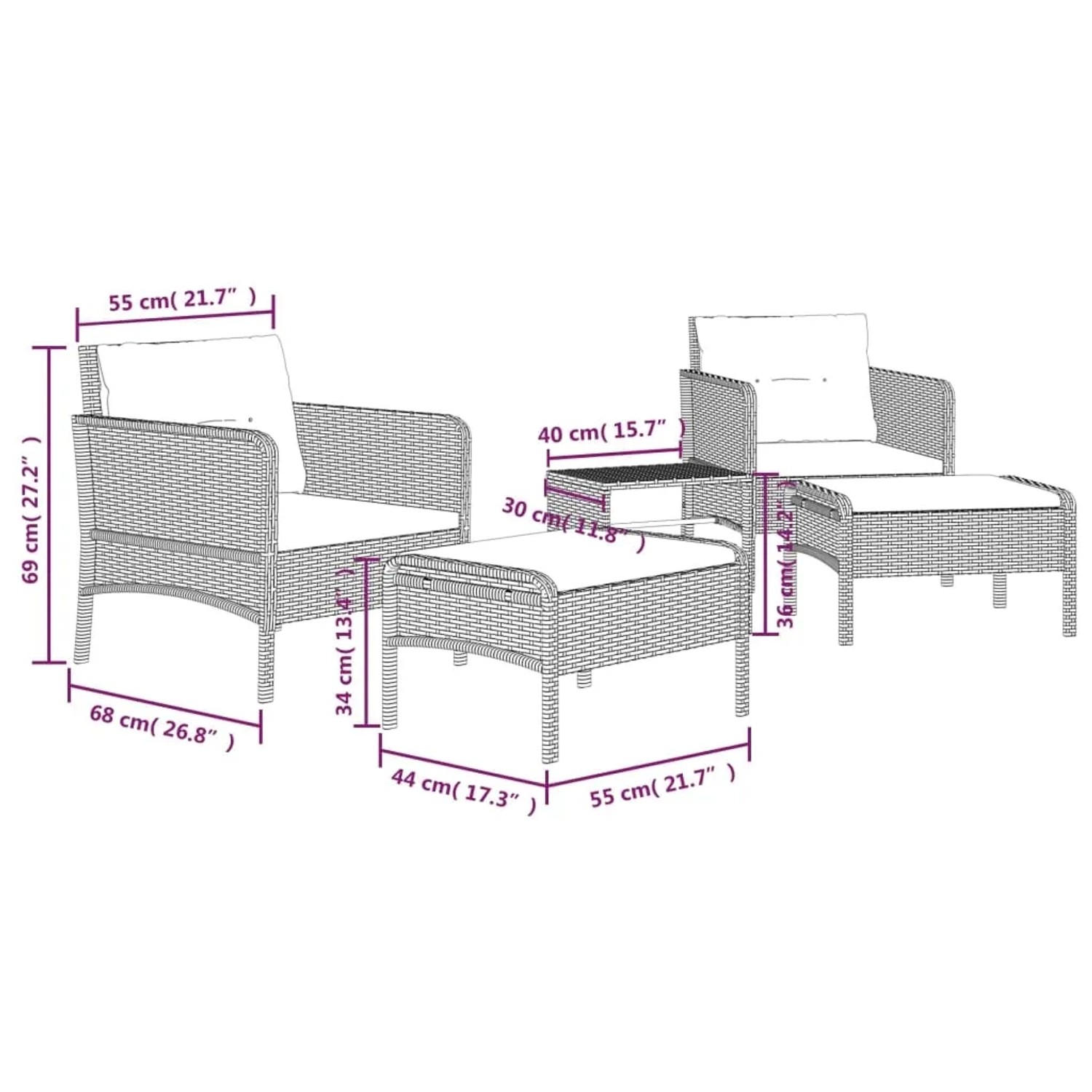 Graues 5-tlg. Garten-Lounge-Set aus Rattan mit Kissen. Gartenmöbel für Terrasse und Garten.