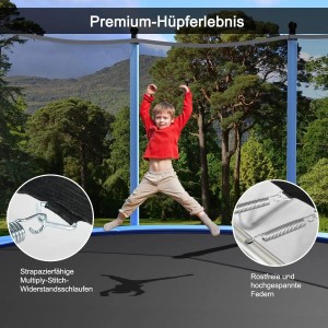 Kind springt auf blau-schwarzem Gartentrampolin mit Sicherheitsnetz. Details: robuste Schlaufen, rostfreie Federn.