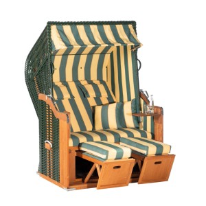 Natur24 Gartenstrandkorb Rustikal 250 Plus, grün-gelb gestreift mit Markise und Fußstützen.