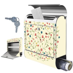 Edelstahl Briefkasten mit Blumenmotiv und Zeitungsfach, inklusive Schlüssel.