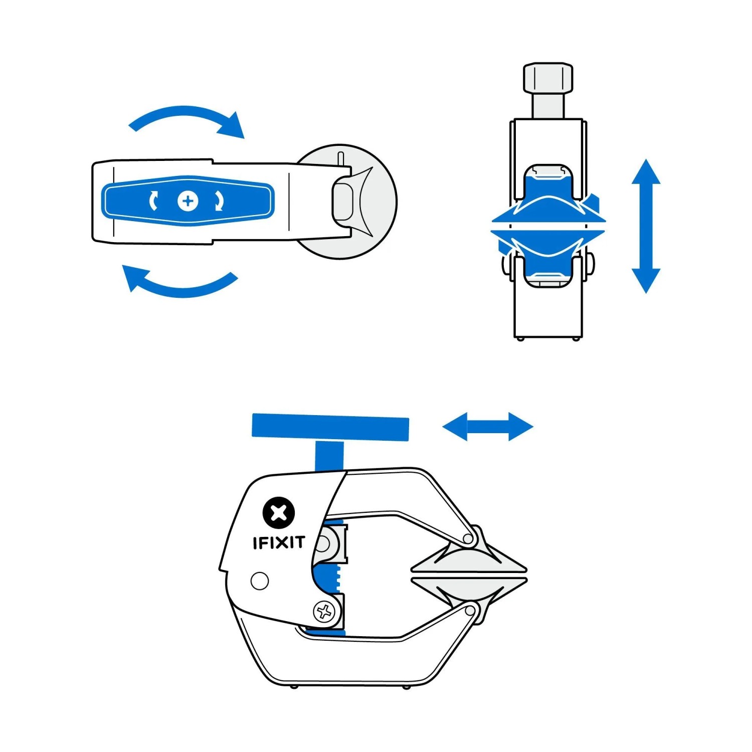 iFixit Anti-Clamp Öffnungswerkzeug in Blau-Schwarz, Schemazeichnung zur Funktionsweise.