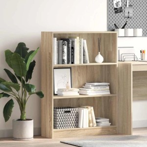 Freistehendes Bücherregal Sonoma-Eiche aus Holzwerkstoff mit 3 offenen Fächern, gefüllt mit Büchern und Deko.