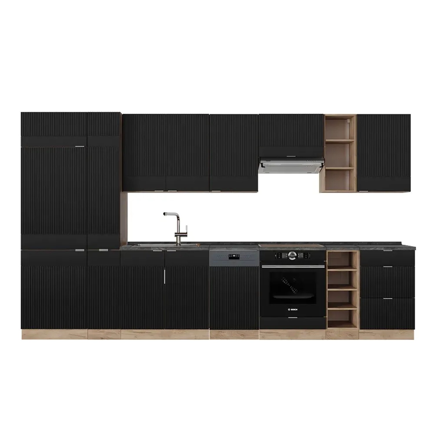 Vicco Fame-Line Küchenzeile Schwarz gestreift/Goldkraft Eiche 355 cm AP Anthrazit ohne E-Geräte