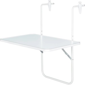 Weißer, klappbarer Balkonhängetisch (60x40 cm) für Geländer, höhenverstellbar.