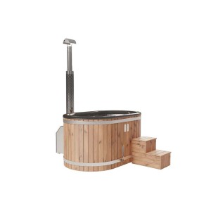 Finntherm Hot Tub Stockholm Anthrazit, Ø 200 cm, mit Thermoholz-Verkleidung, Edelstahl-Ofen und Treppe.