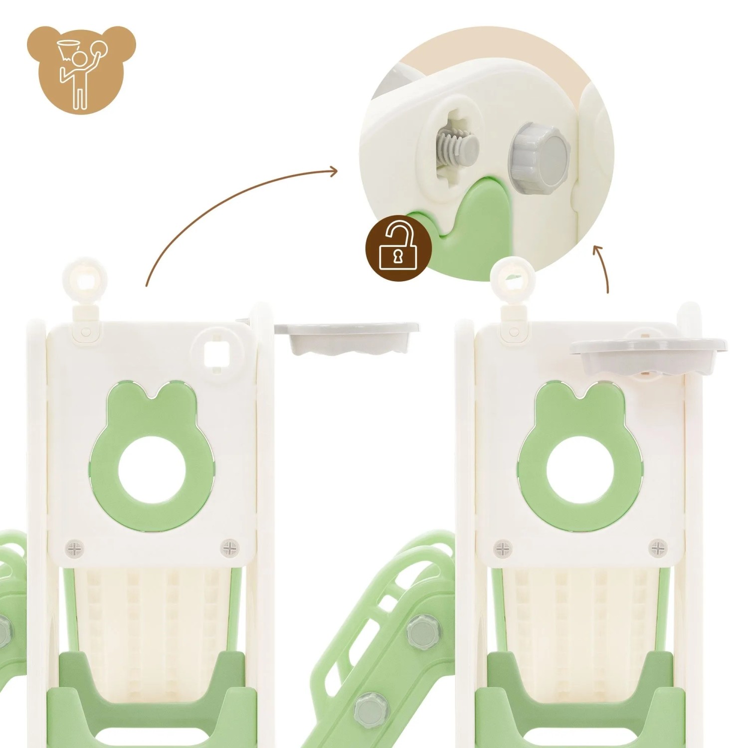 Detailansicht: Grüne Joyz 3in1 Kinderrutsche mit Spielturm und Basketballkorb.