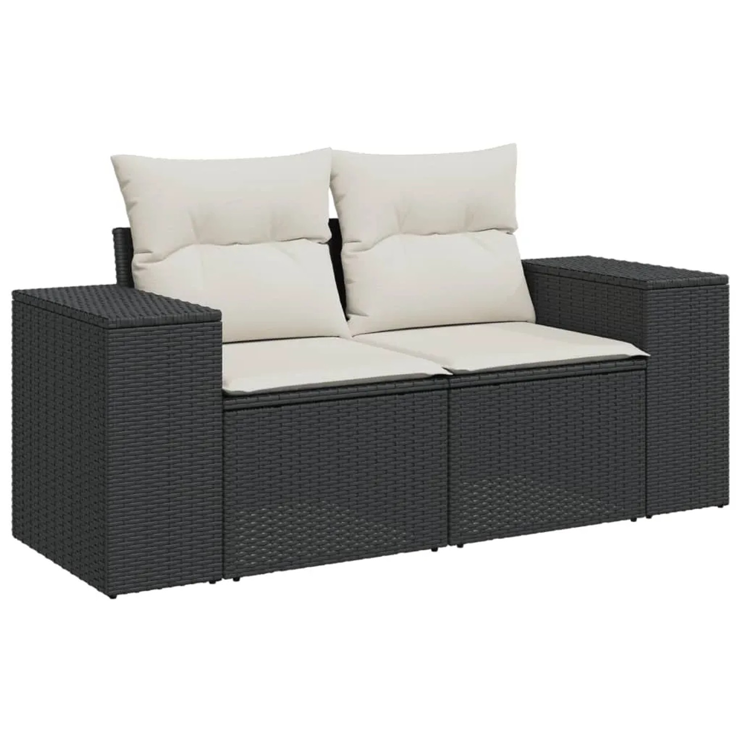 Schwarze vidaXL Garten-Sofagarnitur aus Rattan mit cremefarbenen Kissen.