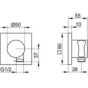 Technische Zeichnung Keuco Schlauchanschluss IXMO 59547, eckig, Chrom, DN15 mit Brausehalter.