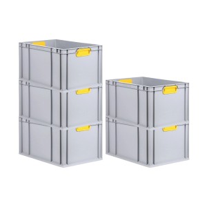 PROREGAL Spar Set: 5 graue Euroboxen (65L) mit gelben Griffen, gestapelt. Robuste Aufbewahrungsboxen.