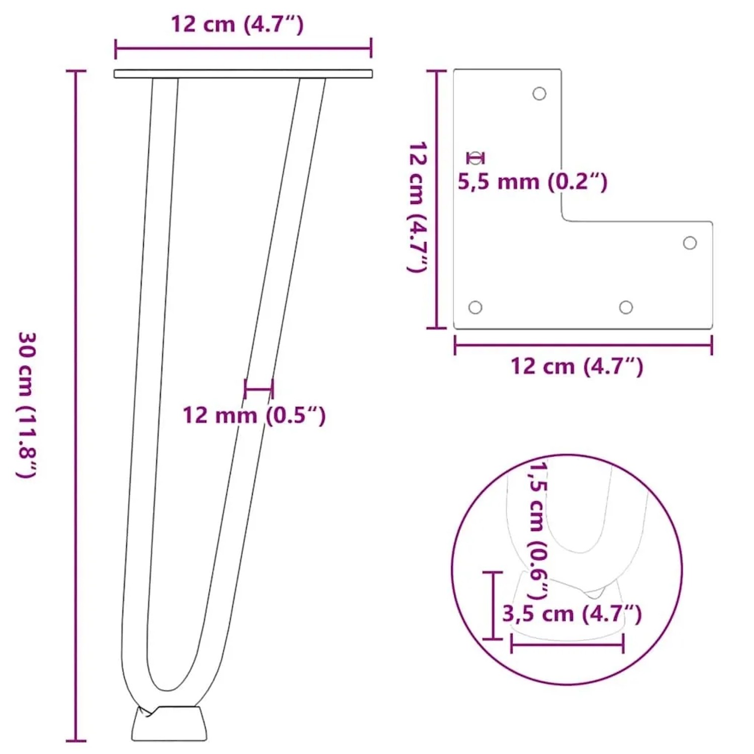 Skizze: Schwarze vidaXL Haarnadelbeine, 30 cm, für Couchtisch, aus Stahl mit Maßangaben.