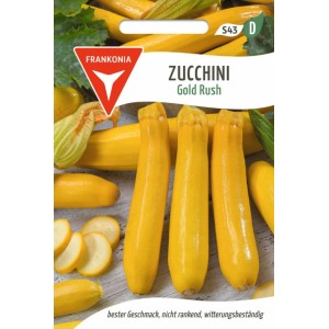 FRANKONIA Zucchini Gold Rush F1 Samen: Gelbgoldene Zucchini auf der Packung.