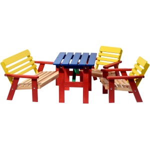 Mehrfarbige Kindersitzgarnitur, 4-teilig: Tisch, Bank und 2 Stühle aus FSC®-Holz.