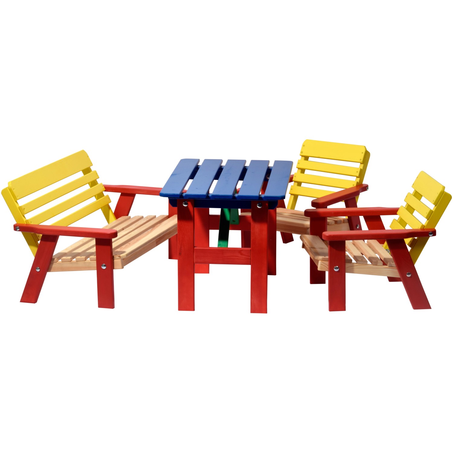 Mehrfarbige Kindersitzgarnitur, 4-teilig: Tisch, Bank und 2 Stühle aus FSC®-Holz.