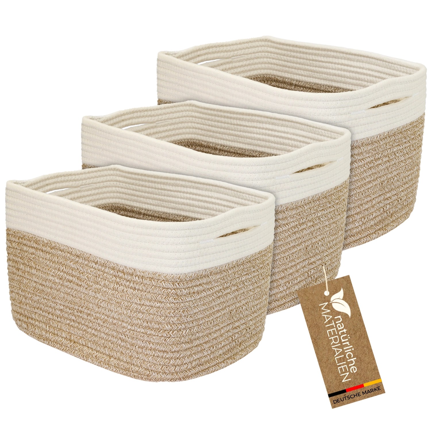 HMF Aufbewahrungskorb Versteckten Griffen 3er Set Korb Baumwolle 37 x 25 x 22 cm Weiß-Braun