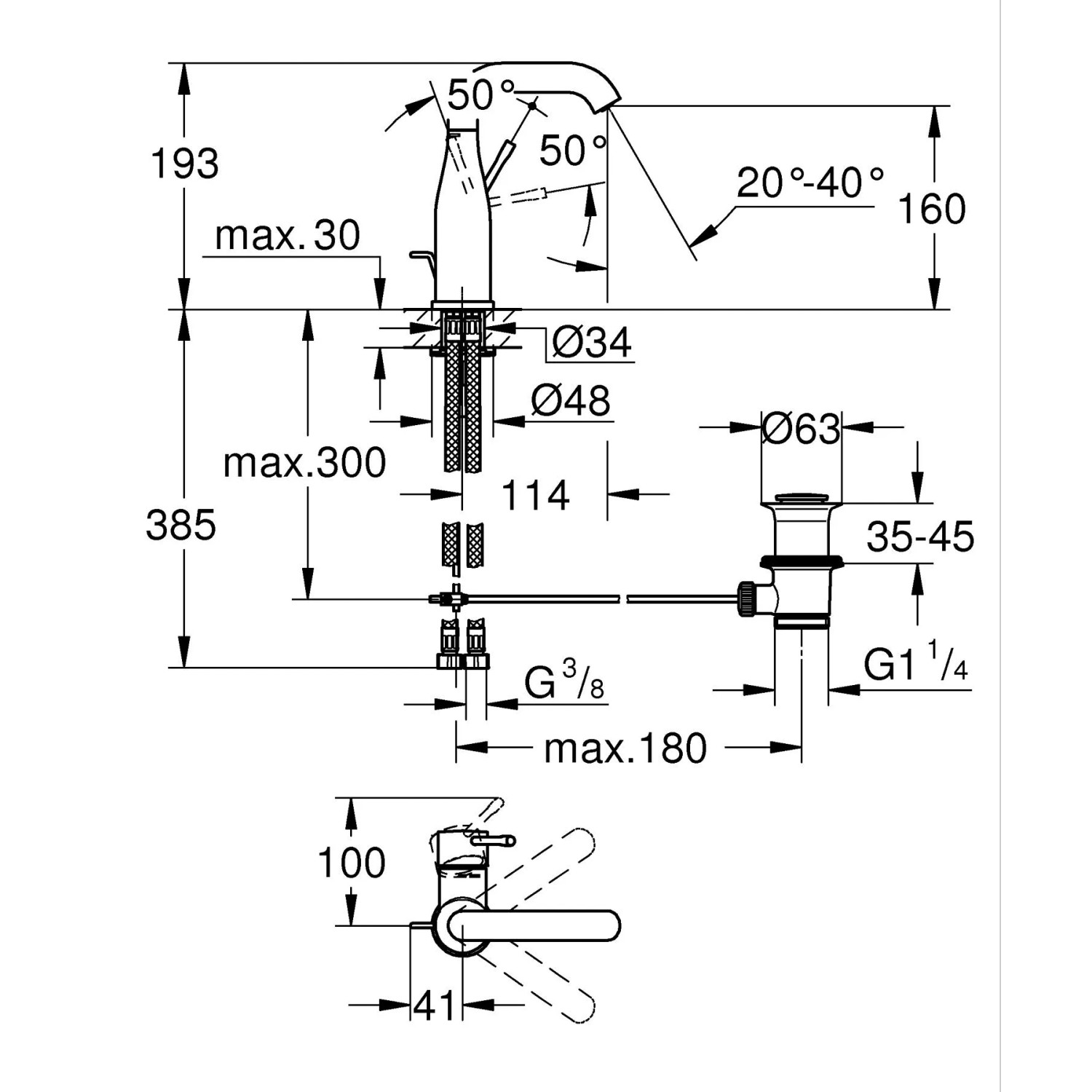 Technische Zeichnung Grohe Essence M-Size Waschtischarmatur mit Maßangaben.