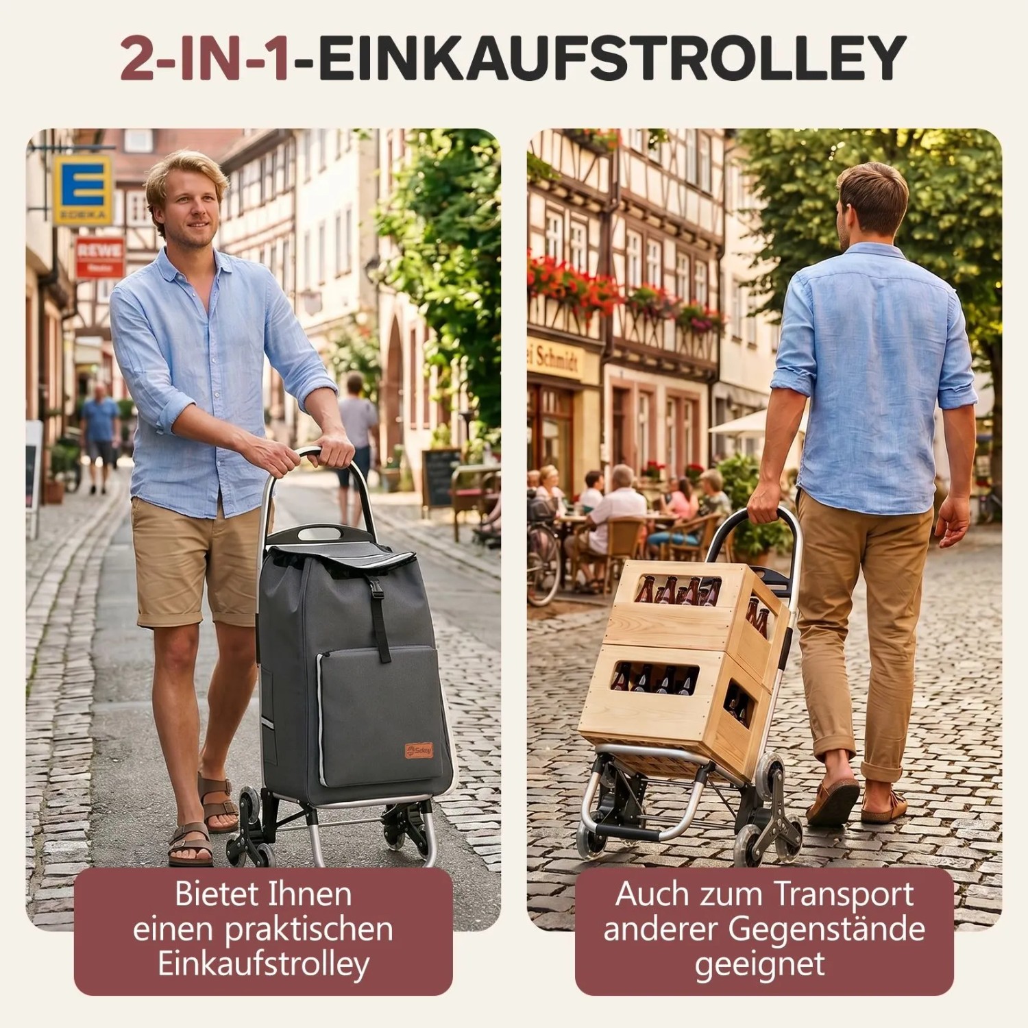 Sekey Einkaufstrolley, klappbar mit Kühlfach, grau, mit Treppensteiger-Funktion.