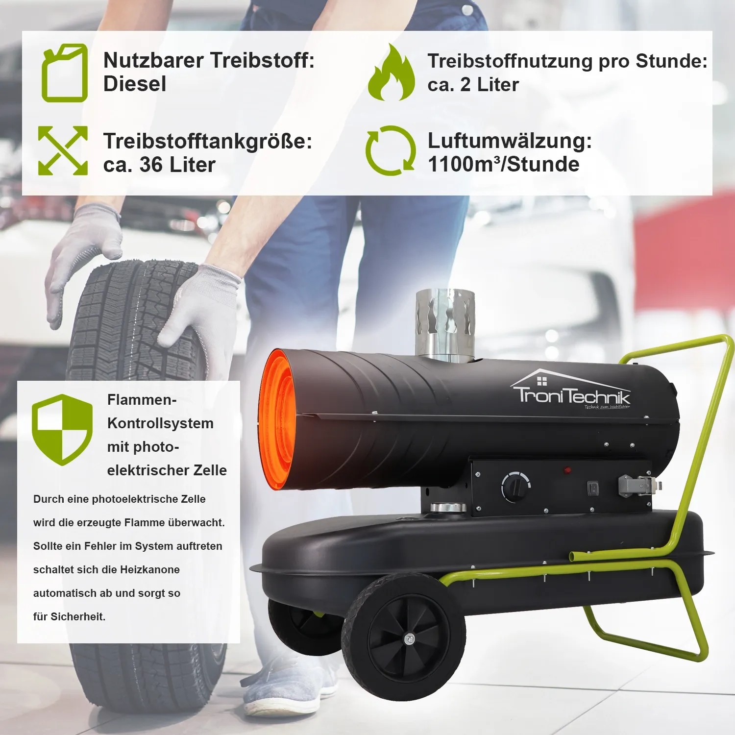 TroniTechnik Diesel Heizkanone 20kW mit Rädern und Tragegriff. Heizgerät für Werkstatt & Baustelle.