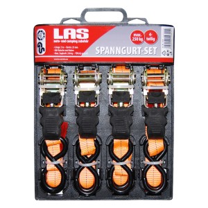 Las Spanngurt-Set, 4-teilig, orange, mit Ratsche und Haken, bis 500 kg Zugkraft für sicheren Transport.