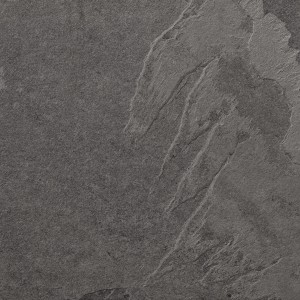 Terrassenplatte Feinsteinzeug Schiefer Black, 60x60cm. Detailaufnahme der dunklen, strukturierten Oberfläche.