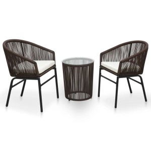 Braunes 3-tlg. vidaXL Bistro-Set aus Rattan mit Tisch und Stühlen mit cremefarbenen Kissen.