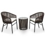 Braunes 3-tlg. vidaXL Bistro-Set aus Rattan mit Tisch und Stühlen mit cremefarbenen Kissen.