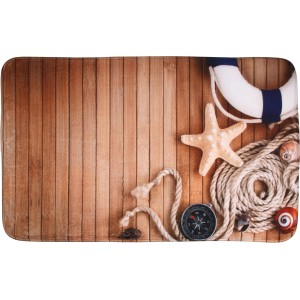 Sanilo Badteppich Maritime 70x110 cm mit nautischen Motiven wie Rettungsring, Kompass, Seestern und Tau.