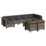 Graue 10-tlg. vidaXL Garten-Sofagarnitur aus Polyrattan mit Kissen und Holzfüßen.