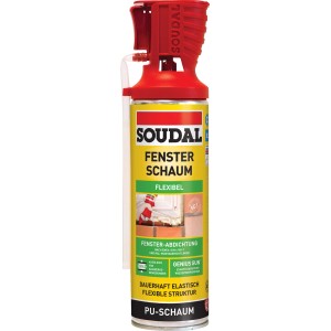 Soudal Fensterschaum B2 Genius Gun, 500 ml Dose mit roter Pistole für exakte Dosierung.