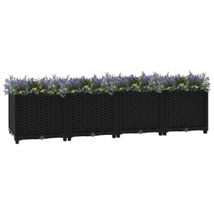 Schwarzes furnicato Hochbeet (160x40x38 cm) aus Polypropylen, bepflanzt mit Blumen.