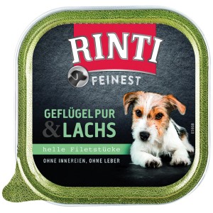 Rinti Feinest Hundenassfutter mit Geflügel und Lachs, 150g Schale.