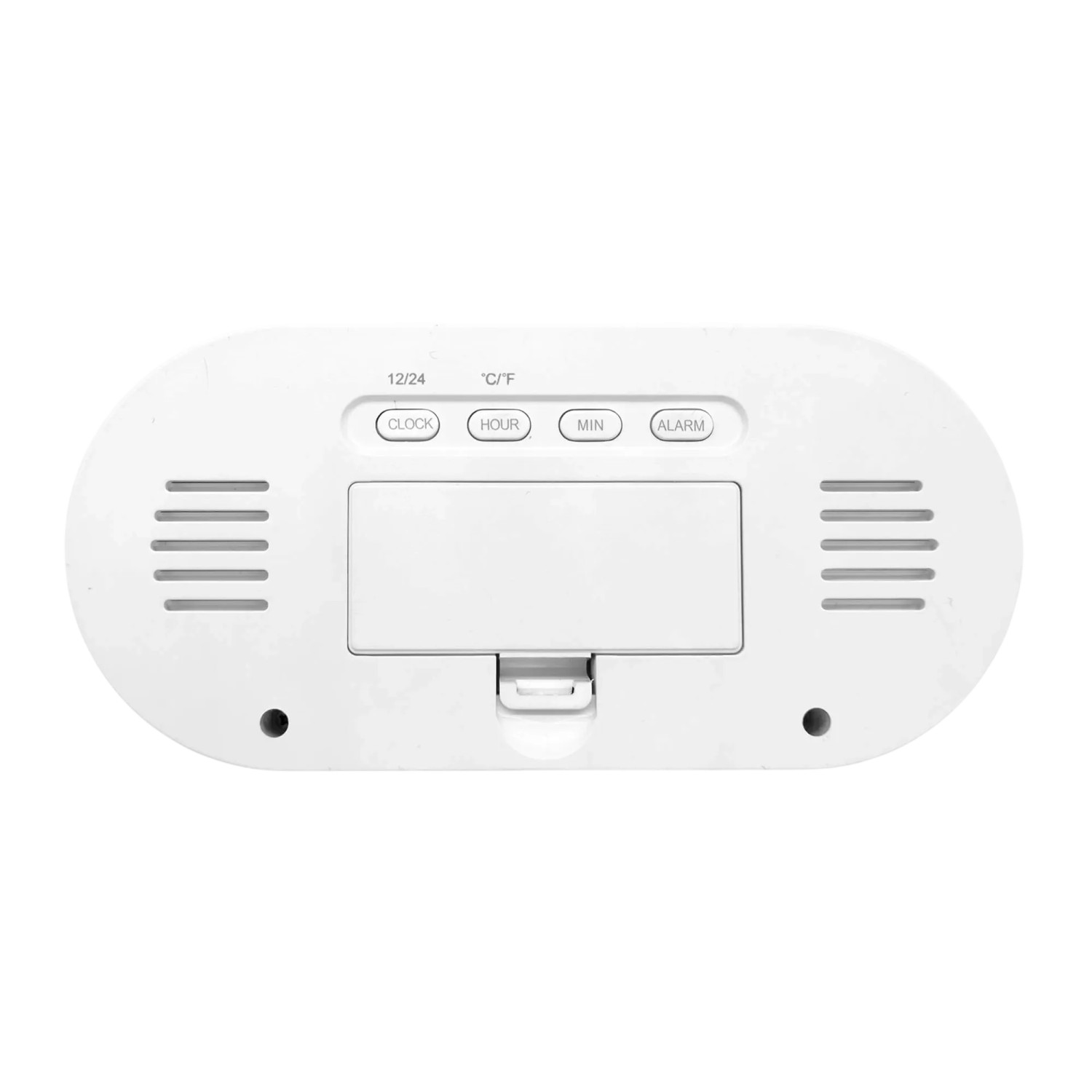 Rückseite des weißen Wall-Art Digitalweckers aus Kunststoff mit abgerundeten Kanten, Bedienelementen und Batteriefach.
