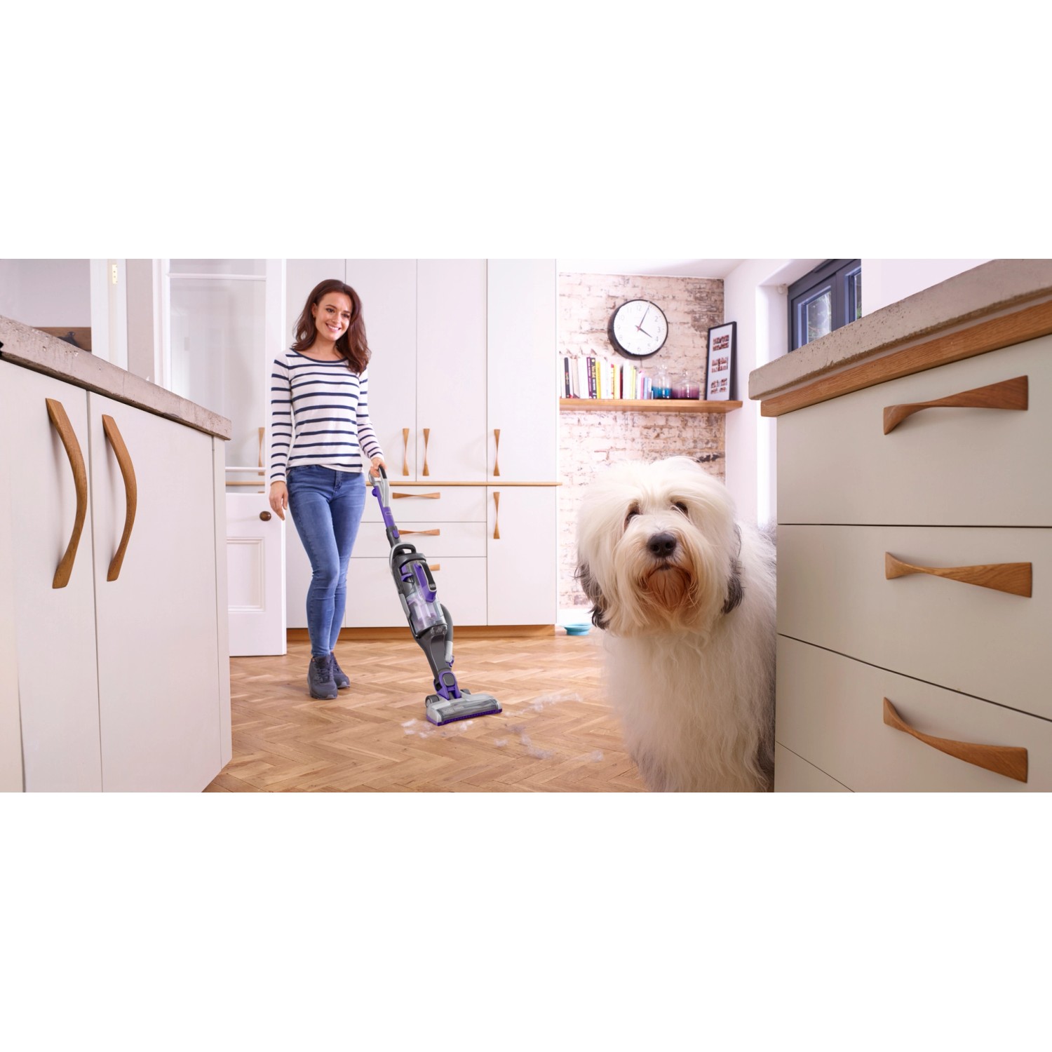 Frau saugt mit Black+Decker Akku-Stielsauger neben Hund. Handstaubsauger mit Tierhaarbürste.