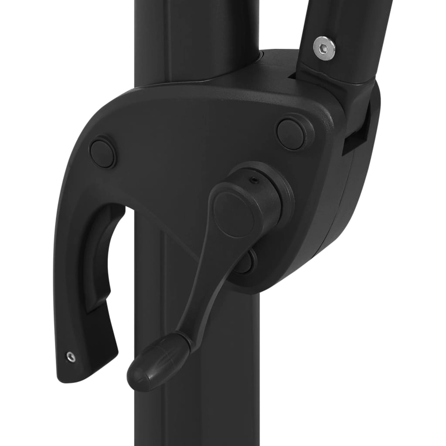 Detailaufnahme: Kurbelmechanismus zum Öffnen und Schließen des furnicato Sonnenschirms.