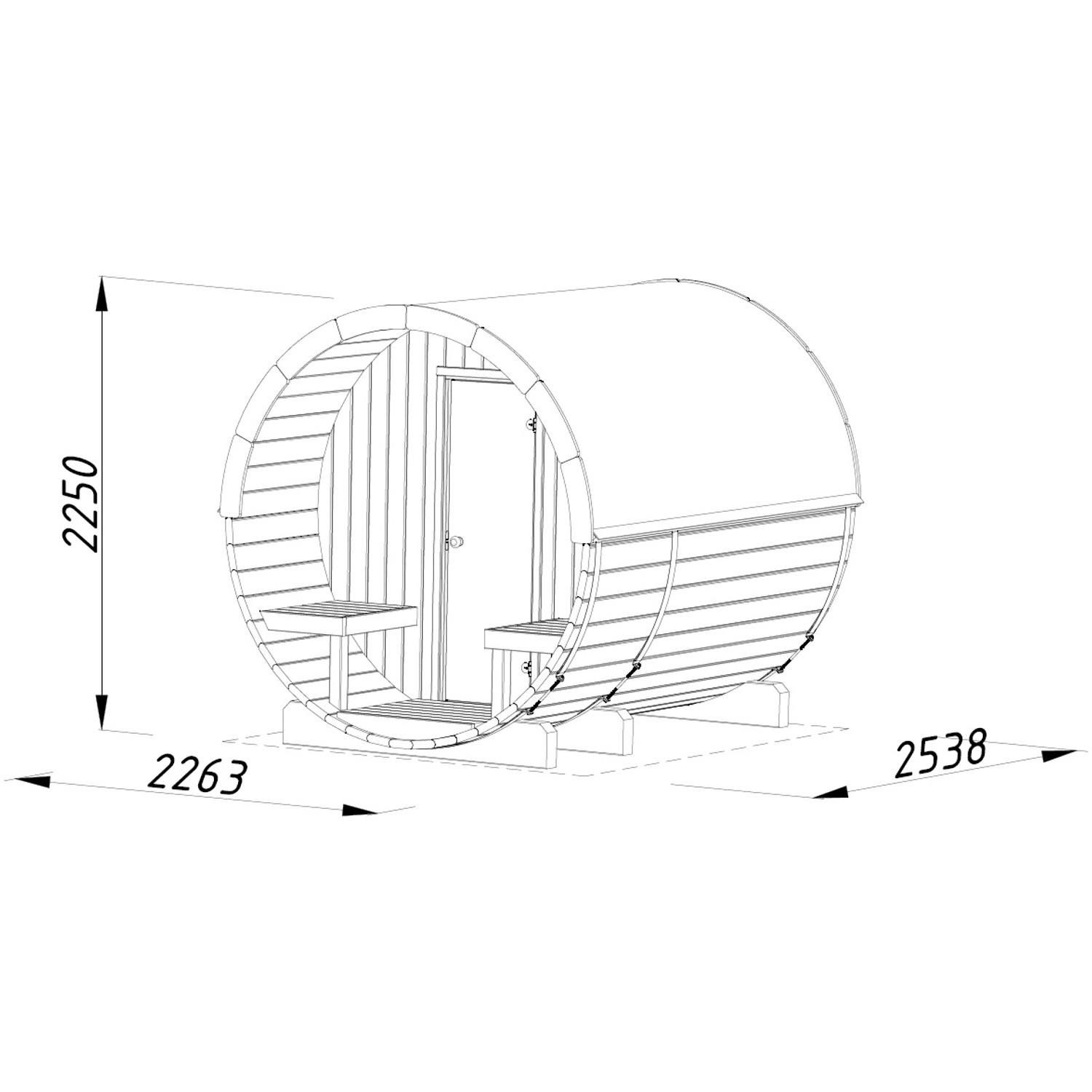 Skizze der Palmako Saunafass Anita aus Fichtenholz, 1,3 m² x 0,7 m², mit Maßen.