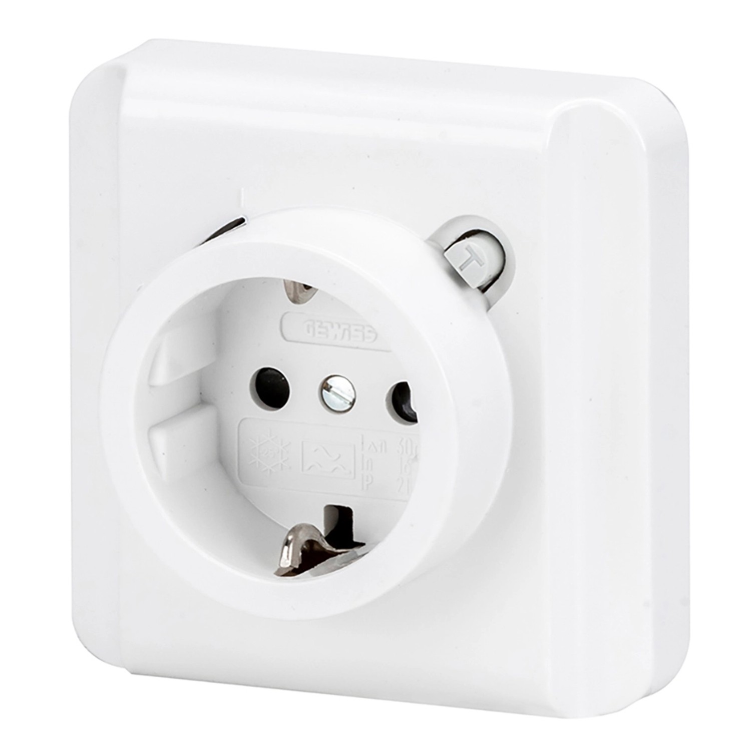 Gewiss FI-Schutzschalter mit Schuko-Steckdose, polarweiß, 16A, 0.03A, für erhöhten Berührungsschutz.