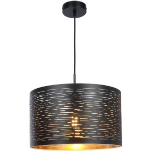 Schwarze Globo Pendelleuchte Tunno aus Metall mit goldenem Innenleben und Dekorstanzungen.