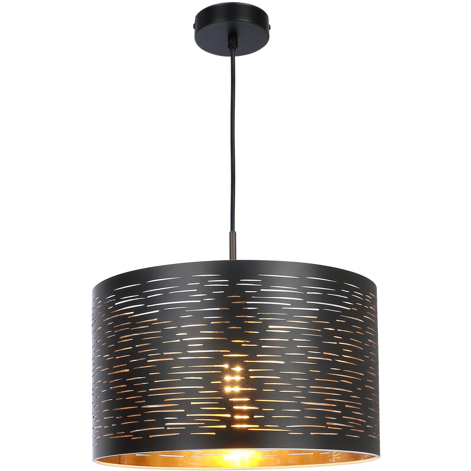 Schwarze Globo Pendelleuchte Tunno aus Metall mit goldenem Innenleben und Dekorstanzungen.