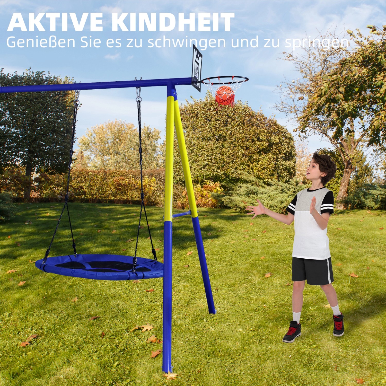 CCLIFE Schaukelgestell mit Nestschaukel, Basketballkorb und Kind beim Spielen im Garten.