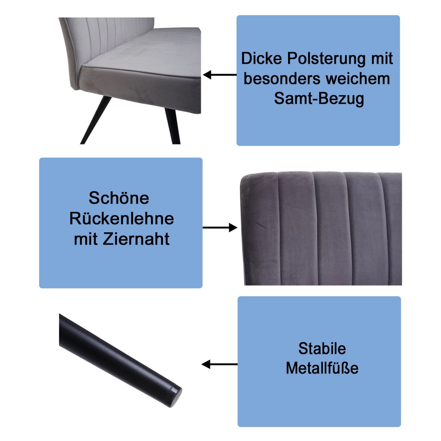 MCW Esszimmer-Set K16, 3-teilig, hellgrau: Stühle und Bank mit Samtbezug und Ziernähten.