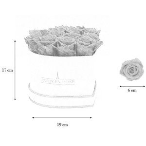 Rosenbox Herz, weiß-schwarz, mit 13 roten Rosen. Romantischer Blumenstrauß im edlen Design.