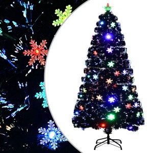Schwarzer künstlicher Weihnachtsbaum 120 cm mit bunten LED-Schneeflocken, Fiberoptik und Sternspitze auf Ständer.