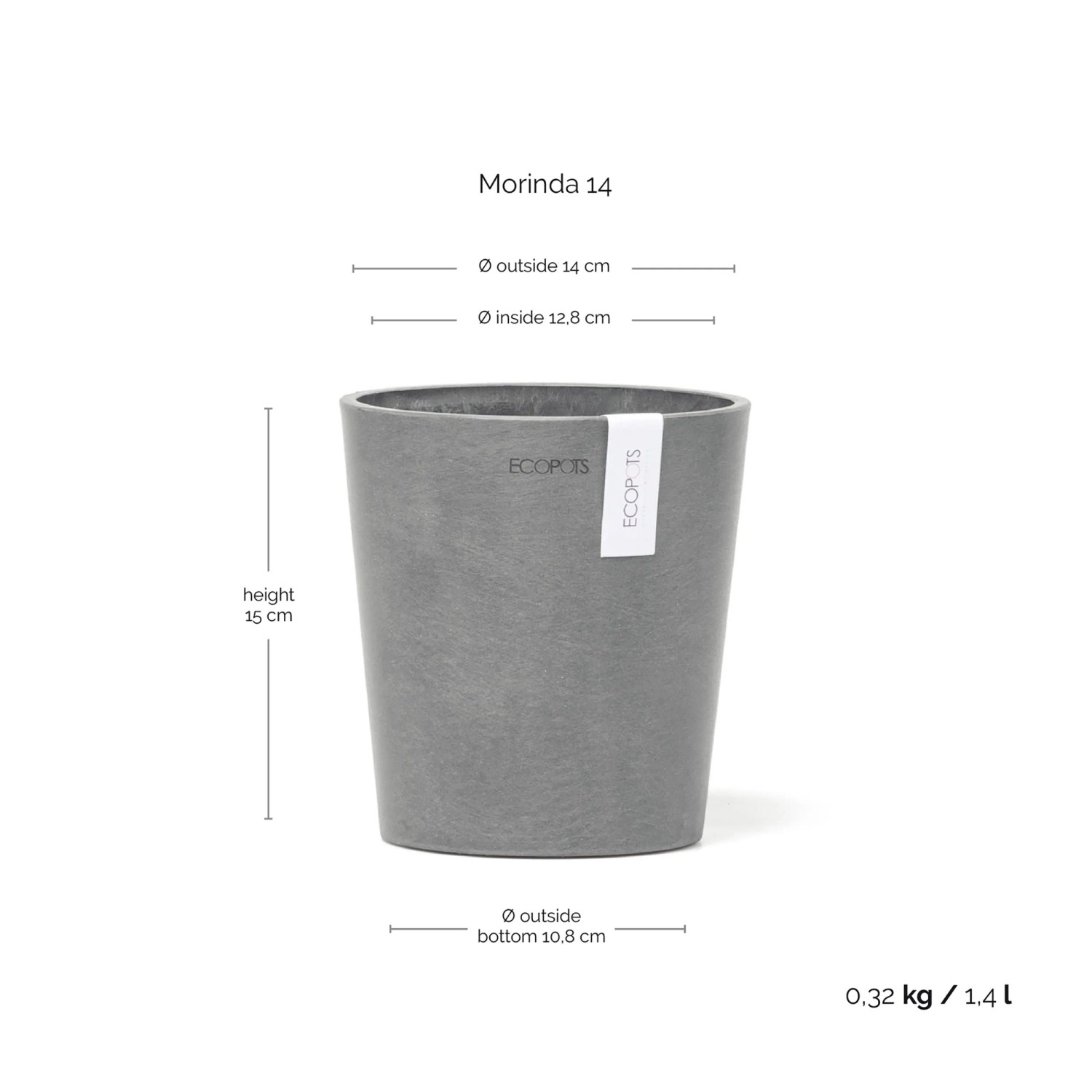 Ecopots Orchideentopf Morinda Grau, 14 cm. Ideal für Orchideen und Kräuter, für Innen- und Außenbereich.