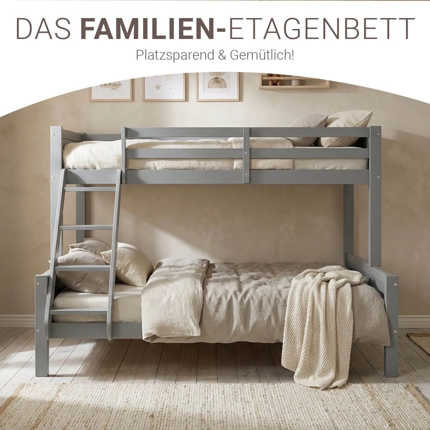 Graues Etagenbett aus Kiefernholz mit Leiter. Oben 90x200, unten 140x200 cm Liegefläche. Ideal als Familienbett.