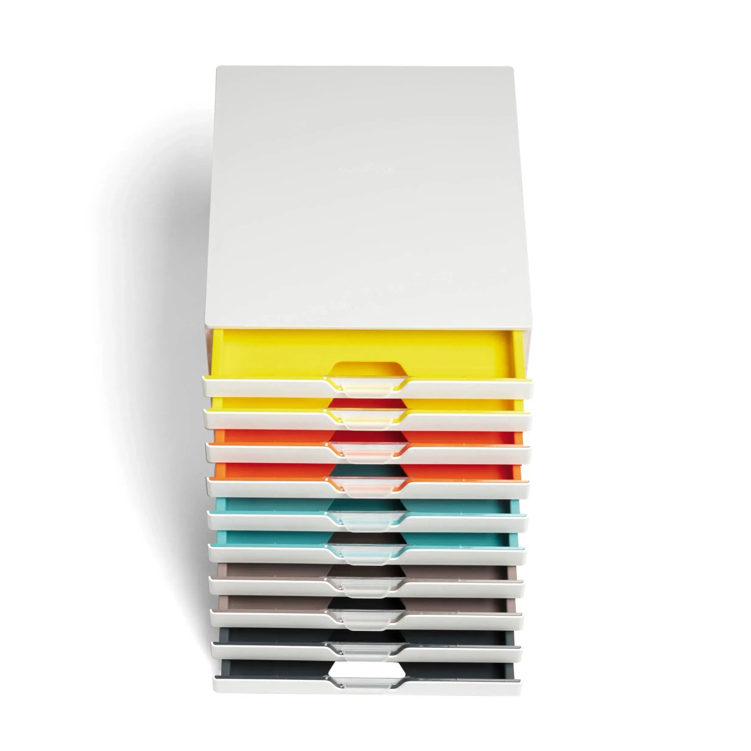 Durable Schubladenbox A4 Varicolor Mix mit 10 bunten Fächern und Beschriftungsetiketten.