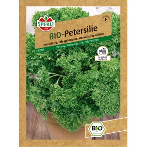 Sperli Bio Petersilie Samenpackung mit krausen, grünen Blättern.