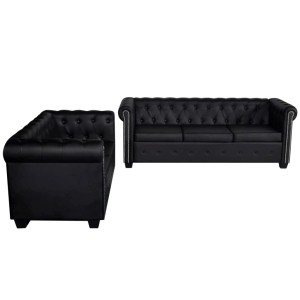 Schwarzes vidaXL Chesterfield Sofa-Set: 2-Sitzer und 3-Sitzer aus Kunstleder.
