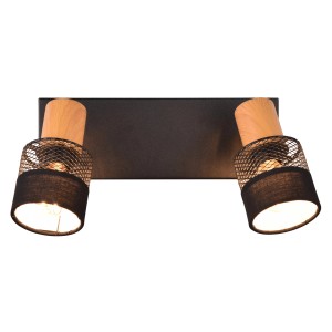 Schwarzer Trio Spot Nandini mit zwei Leuchten, Holzdetails und Stoffschirmen.