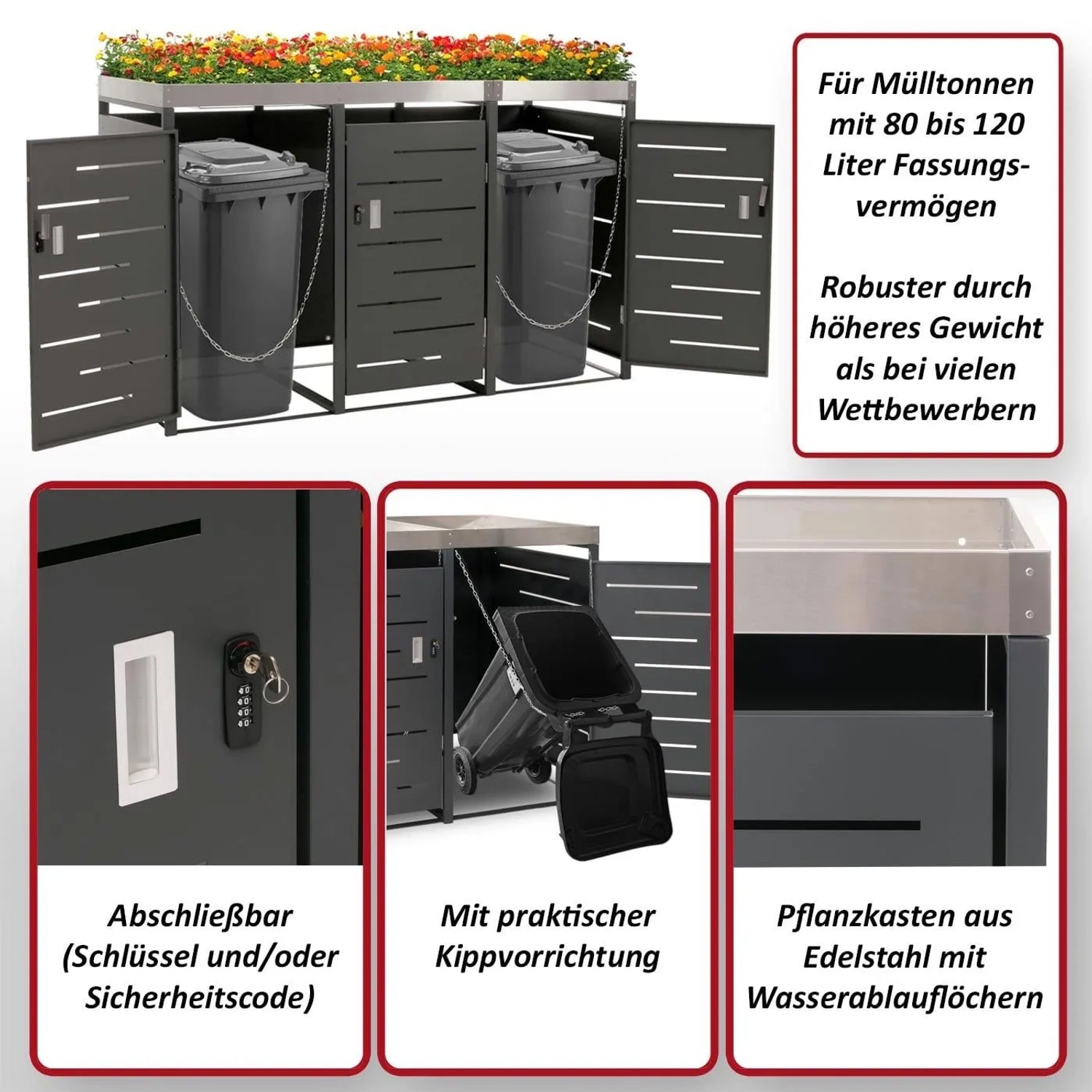 Anthrazitfarbene 3er-Mülltonnenverkleidung aus Stahl mit Pflanzkasten, abschließbar, Kippfunktion für 80-120L Tonnen.